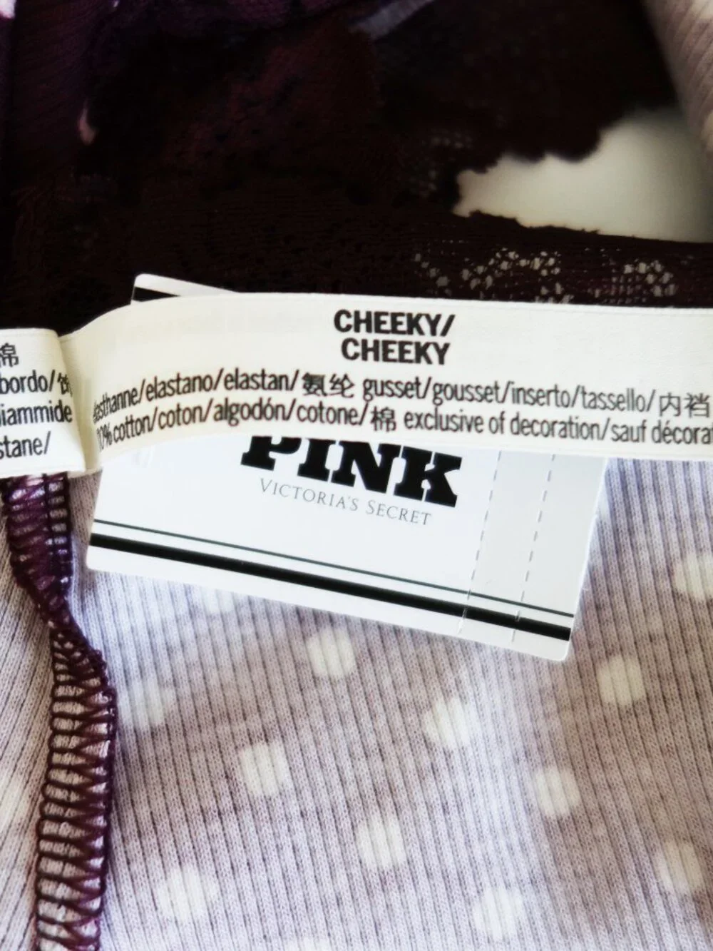 Victoria's Secret PINK WINK LACE-TRIM CHEEKY PANTY Polka Dots Burgundy (M) NWT!